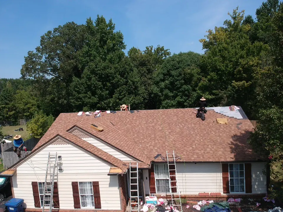 Aerial view of a home being re-roofed in Memphis, Tennessee